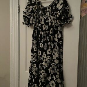 ARULA Black and White Floral Milkmaid Midi Dress